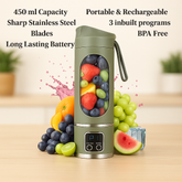 Portable USB Juicer Blender – 450ml, 1500mAh Rechargeable Battery, 18000 RPM, BPA-Free, 3 Programs, Stainless Steel Blades – Smoothies, Juices, Protein Shakes